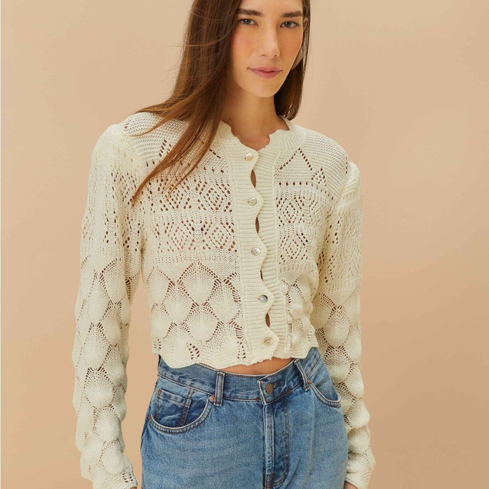 FARM Rio Cream Openwork Knit Cropped Cardigan